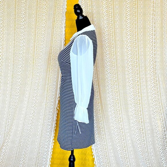 Preppy Houndstooth Collared Sheer Sleeve Pearl Necklace Sheath Dress Size 6 NWT - Picture 3 of 14